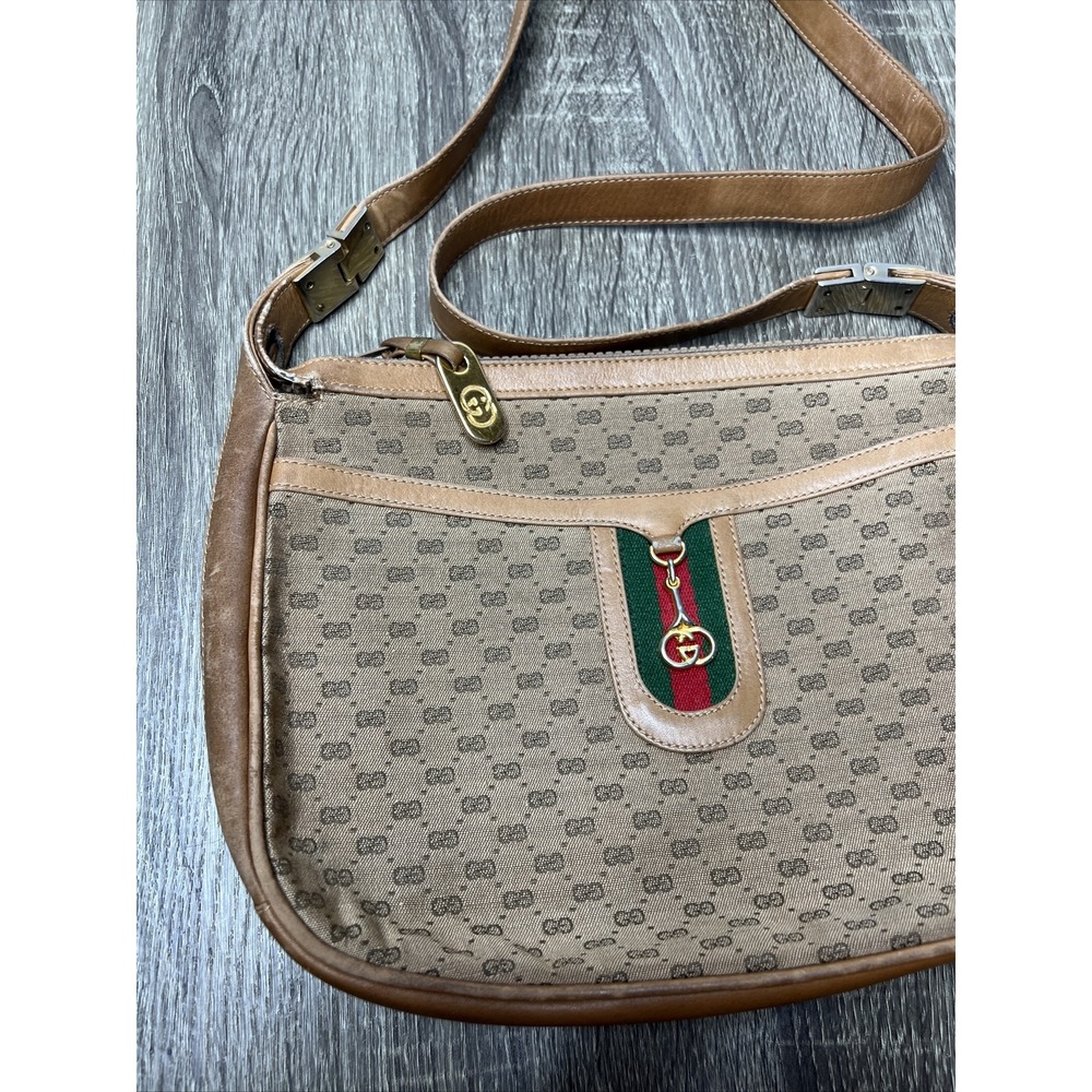GUCCI Micro Sherry Line GG Bit Canvas Brown Leather Shoulder Bag Purse VTG Rare! - Picture 3 of 16